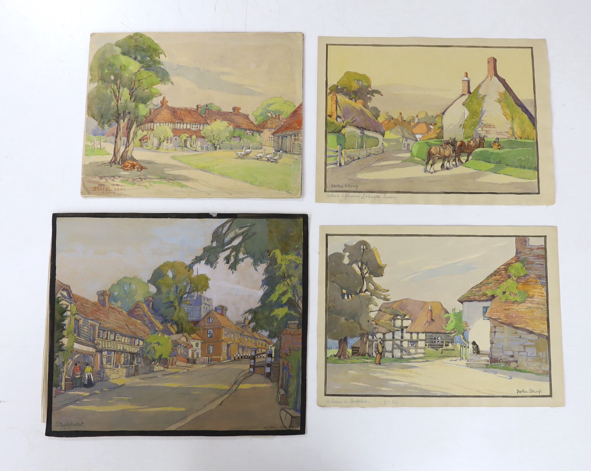 Bertha Stamp, four watercolours, English village scenes,' Autumn afternoon, Litlington, Sussex', 'An old corner in Shropshire', 'Denton, Kent' and 'Staplehurst, Kent', each signed, largest 42 x 35cm, unframed